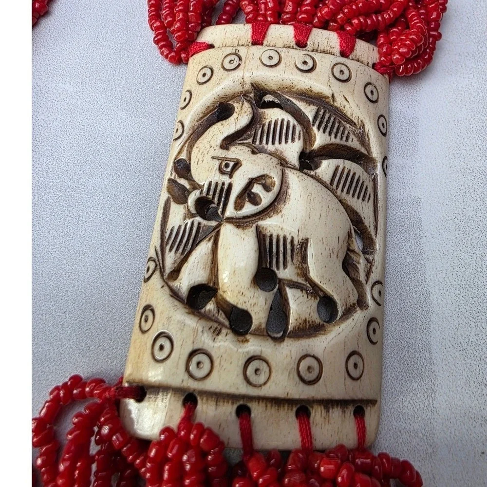 Vintage‎ Red Multi Strand Seed Bead Elephant Carved Statement Necklace Boho